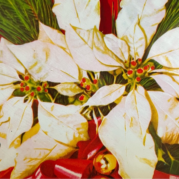 Vintage Mid Century Round Metal Holiday Christmas Tray Poinsettia and Ribbon - Picture 7 of 7